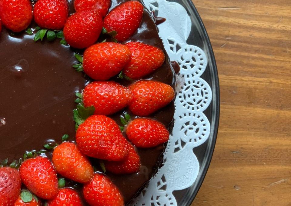 Dark Chocolate Brownie Cake with Strawberries